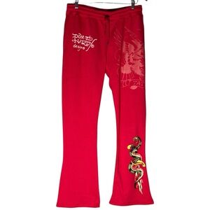 NEW Ed Hardy Red Printed Eagle Tiger Flare Leg Fleece Lined Sweatpants
